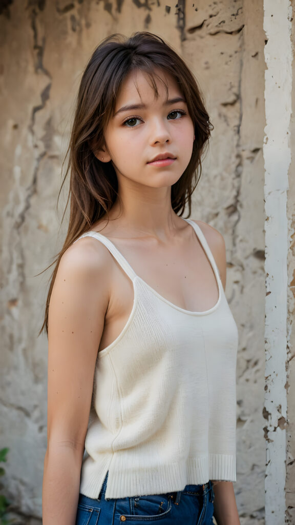 visualize a cute picture: a detailed teen girl, 13 years old, with soft straight very long jet hair, bangs cut frame her round face, exuding a sense of melancholy and loneliness, full lips, (((white cropped short tank top made of fine wool)) which perfectly shaped her body), side view (((against a wall backdrop)))