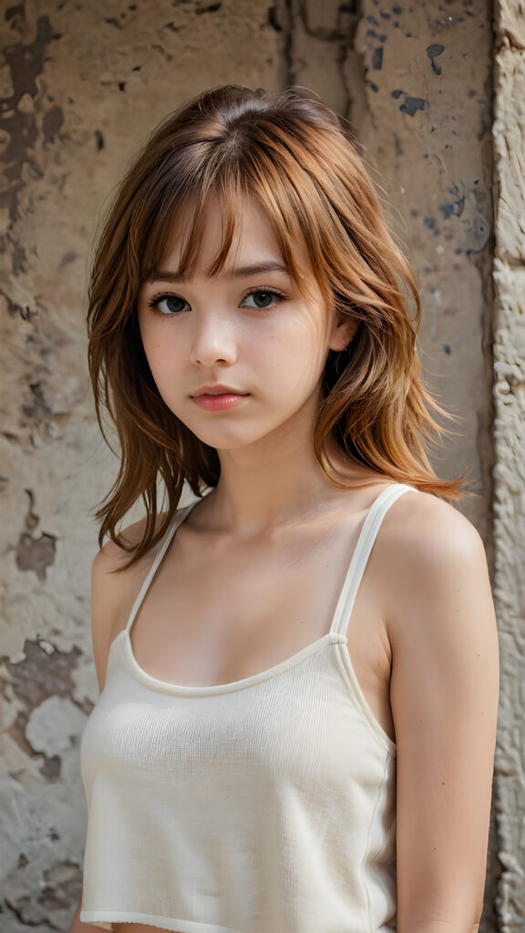 visualize a cute picture: a detailed teen girl, 13 years old, with soft straight very long jet hair, bangs cut frame her round face, exuding a sense of melancholy and loneliness, full lips, (((white cropped short tank top made of fine wool)) which perfectly shaped her body), side view (((against a wall backdrop)))