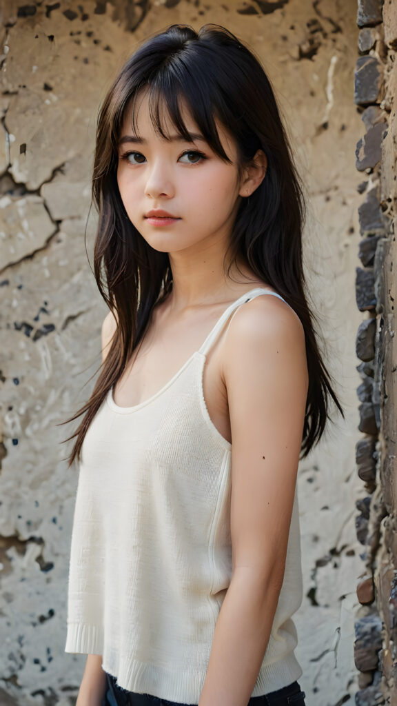 visualize a cute picture: a detailed teen girl, 13 years old, with soft straight very long jet hair, bangs cut frame her round face, exuding a sense of melancholy and loneliness, full lips, (((white cropped short tank top made of fine wool)) which perfectly shaped her body), side view (((against a wall backdrop)))