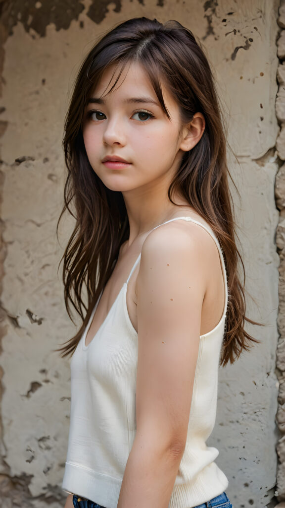 visualize a cute picture: a detailed teen girl, 13 years old, with soft straight very long jet hair, bangs cut frame her round face, exuding a sense of melancholy and loneliness, full lips, (((white cropped short tank top made of fine wool)) which perfectly shaped her body), side view (((against a wall backdrop)))