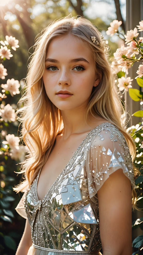 visualize a (((vividly drawn teenage girl))) with long, flowing blonde hair, standing against a backdrop of delicate blooms softly bathed in a (((vintage diamond sunlight filter))), her form and details reflect a timeless fantasy aesthetic that combines whimsy and nostalgia, as if captured through a shattered mirror