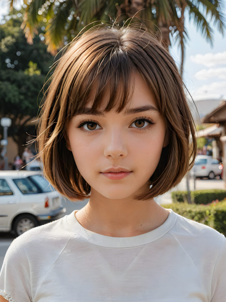 visualize a (((beautiful drawning))), capturing a (teen girl with long, straight soft brown hair, styled in a (short bob cut), her face framed by a short, bang-like fringe), and short, detailed facial features, facing forward with a serene expression, wearing a white short, crop t-shirt against a (detailed, realistic backdrop)