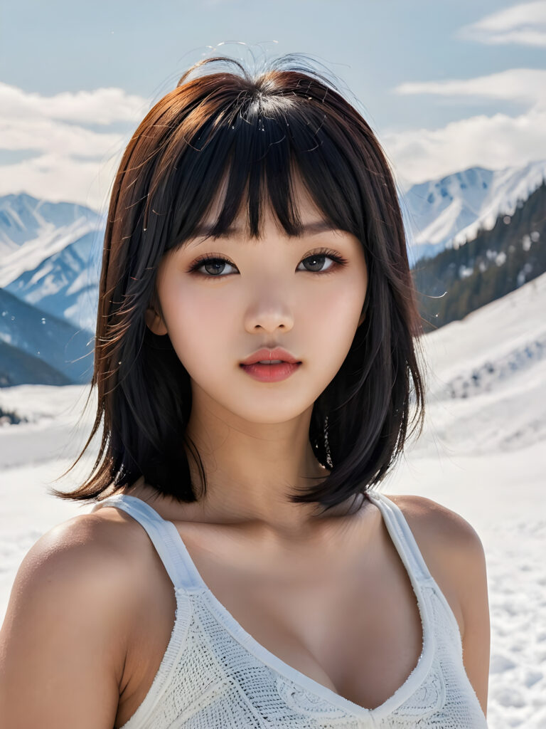 visualize a detailed and realistic photo: a (((stunning, gorgeous young light tanned busty Korean teen girl with flawless, soft skin))) (glossy hair with subtle layering, (((vivid obsidian black soft straight hair in Korean bangs style)))), whose frame a (seriously sensual face) with (dramatically contrasting, full, (((natural lips)))), round face, the mouth slightly open with white teeth, (light brown eyes), set against a (broodingly atmospheric snow backdrop) for an unforgettable, her features are captured in (intense detail), (((she wears a white v-neck tank top that emphasizes her perfectly shaped body made of fine wool)))