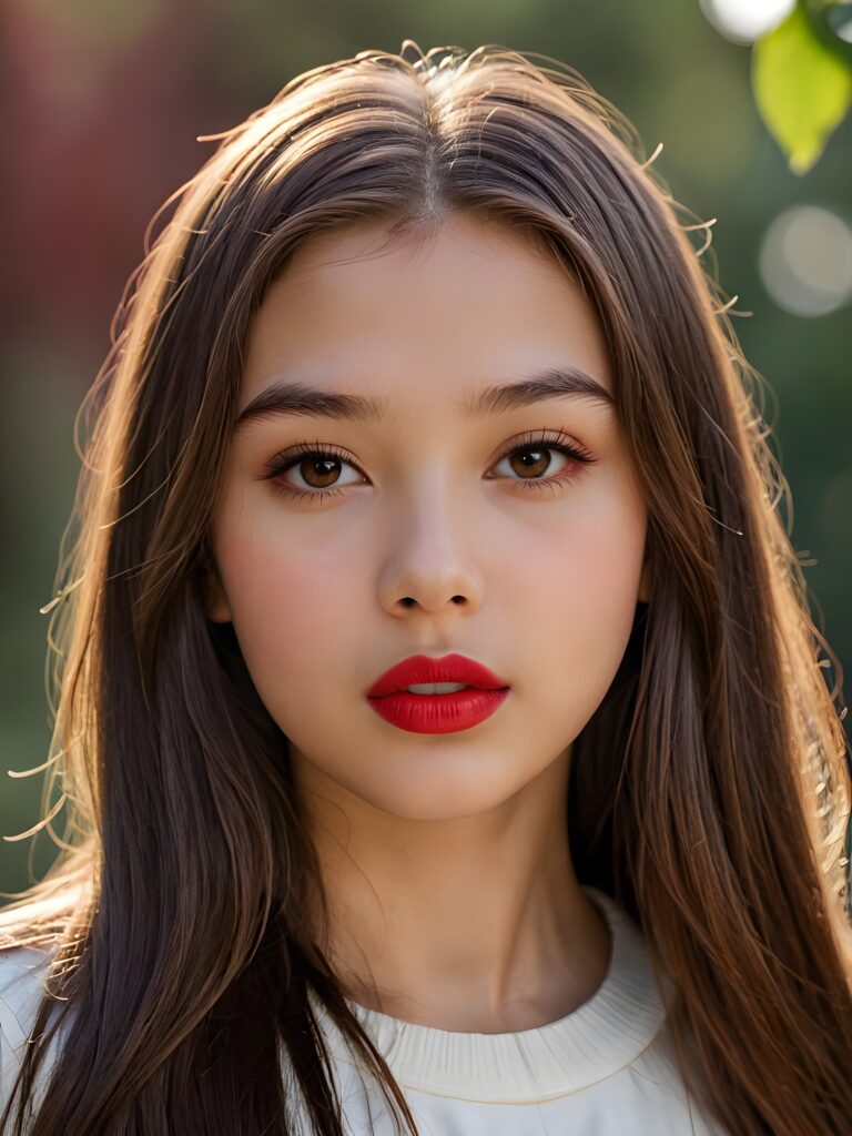 visualize a detailed and realistic photo: a (((stunning young teen girl, 13 years old))) (silky curved layers, (((vivid cupper soft straight hair)))), whose frame a (seriously sensual face) with (dramatically contrasting, full, (((red lips)))), set against a (broodingly atmospheric backdrop) for an unforgettable (upper body shot). Her features are captured in (intense detail), accentuated by the (ombré shadow and highlights) that draw the eye ((natural background))