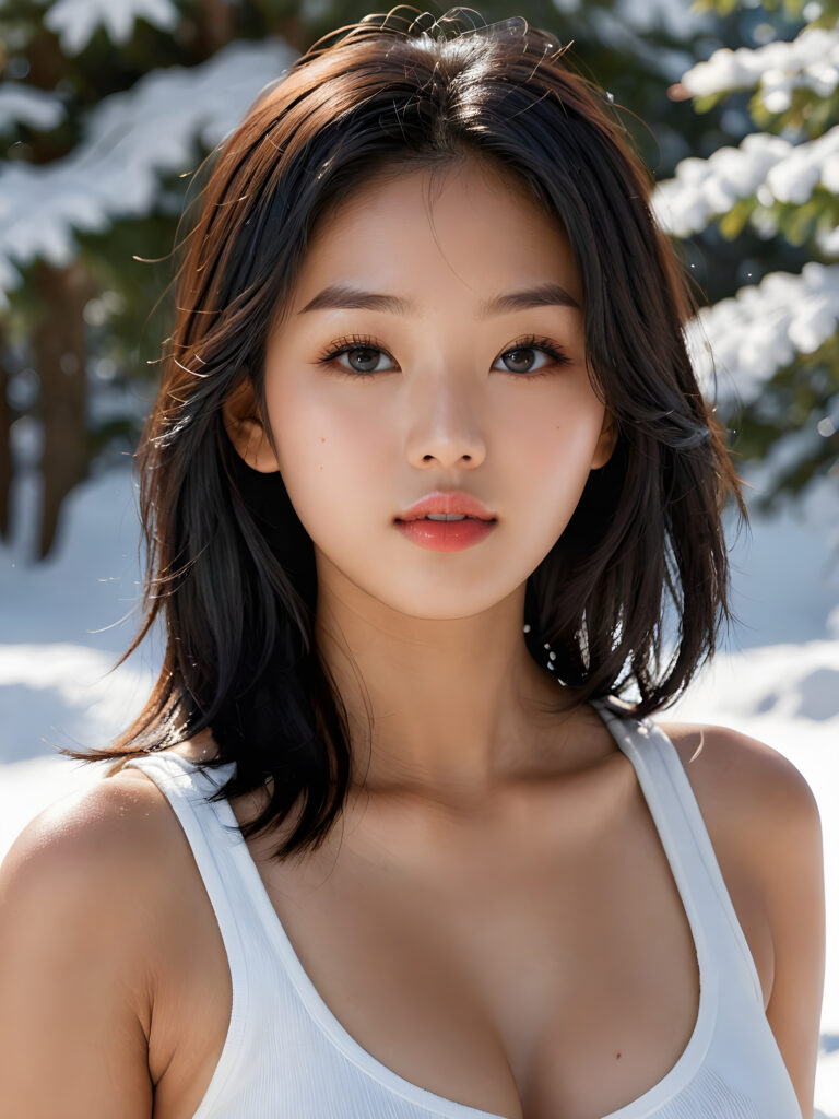 visualize a detailed and realistic photo: a (((stunning young light tanned busty Korean teen girl with flawless, soft skin))) (glossy hair with subtle layering, (((vivid obsidian black soft straight hair)))), whose frame a (seriously sensual face) with (dramatically contrasting, full, (((natural lips)))), round face and a warm smile, the mouth slightly open with white teeth, (light brown eyes), set against a (broodingly atmospheric snow backdrop) for an unforgettable (upper body shot). Her features are captured in (intense detail), accentuated by the (ombré shadow and highlights) that draw the eye, ((she wears a white v-neck tank top that emphasizes her perfectly shaped body)), ((gorgeous)) ((side view))