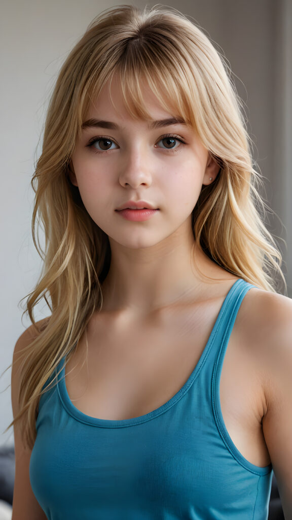 visualize a detailed and realistic photo from: a (((beautiful teenage girl, 15 years old))), she has a wonderfully shaped body and is lightly clothed in a tight tank top that emphasizes her beautiful body, she has soft long blond hair, in bangs cut, full lips, she looks seductively into the camera