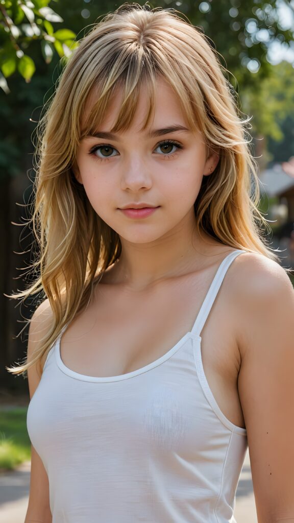 visualize a detailed and realistic photo from: a (((beautiful teenage girl, 15 years old))), she has a wonderfully shaped body and is lightly clothed in a tight tank top that emphasizes her beautiful body, she has soft long blond hair, in bangs cut, full lips, she looks seductively into the camera