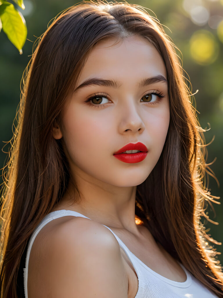 visualize a detailed and realistic photo: a (((stunning young teen girl, 15 years old))) (glossy hair with subtle layering, (((vivid amber soft straight hair)))), whose frame a (seriously sensual face) with (dramatically contrasting, full, (((red lips)))), set against a (broodingly atmospheric backdrop) for an unforgettable (upper body shot). Her features are captured in (intense detail), accentuated by the (ombré shadow and highlights) that draw the eye, wears a white tank top, ((stunning)) ((gorgeous)) ((side view))