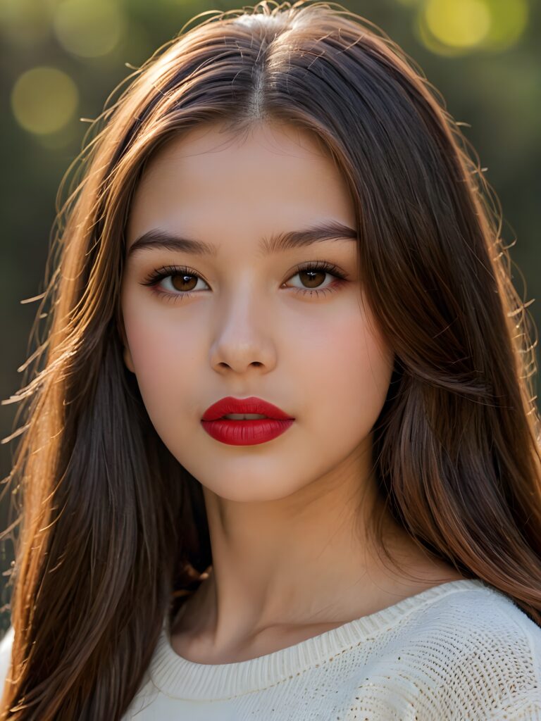 visualize a detailed and realistic photo: a (((stunning young teen girl, 17 years old))) (silky curved layers, (((vivid cupper soft straight hair)))), whose frame a (seriously sensual face) with (dramatically contrasting, full, (((red lips)))), set against a (broodingly atmospheric backdrop) for an unforgettable (upper body shot). Her features are captured in (intense detail), accentuated by the (ombré shadow and highlights) that draw the eye, wears a white wool sweatcher, ((stunning)) ((gorgeous))