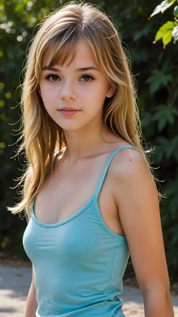 visualize a detailed and realistic photo from: a (((beautiful teenage girl, 15 years old))), she has a wonderfully shaped body and is lightly clothed in a tight tank top that emphasizes her beautiful body, she has soft long blond hair, in bangs cut, full lips, she looks seductively into the camera