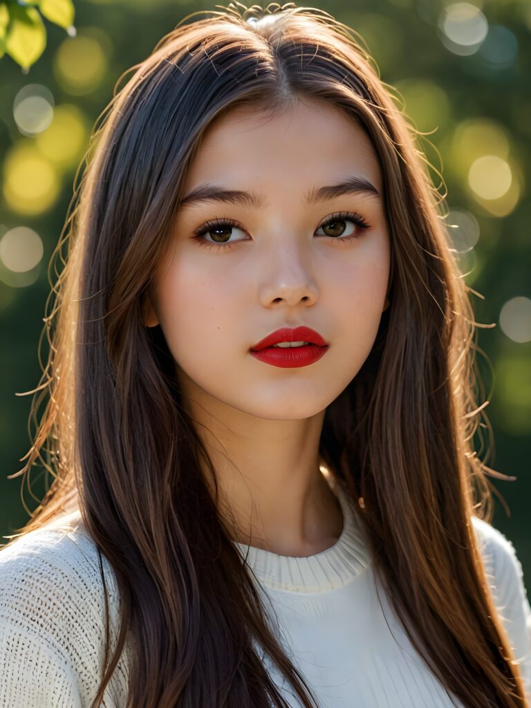 visualize a detailed and realistic photo: a (((stunning young teen girl, 13 years old))) (silky curved layers, (((vivid cupper soft straight hair)))), whose frame a (seriously sensual face) with (dramatically contrasting, full, (((red lips)))), set against a (broodingly atmospheric backdrop) for an unforgettable (upper body shot). Her features are captured in (intense detail), accentuated by the (ombré shadow and highlights) that draw the eye, wears a white wool sweatcher, ((stunning)) ((gorgeous))