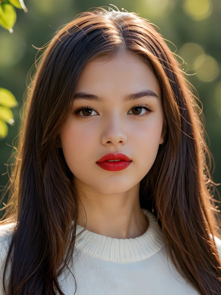 visualize a detailed and realistic photo: a (((stunning young teen girl, 15 years old))) (silky curved layers, (((vivid cupper soft straight hair)))), whose frame a (seriously sensual face) with (dramatically contrasting, full, (((red lips)))), set against a (broodingly atmospheric backdrop) for an unforgettable (upper body shot). Her features are captured in (intense detail), accentuated by the (ombré shadow and highlights) that draw the eye, wears a white wool sweatcher, ((stunning)) ((gorgeous))