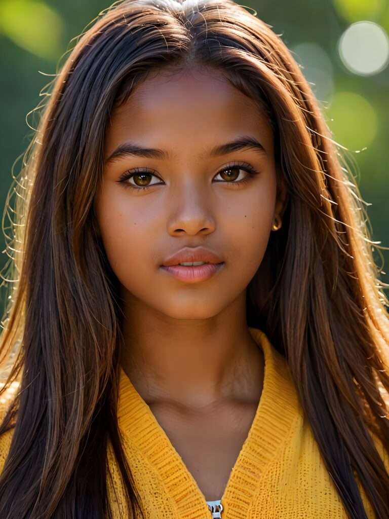 visualize a detailed and realistic photo: a (((stunning young brown-skinned teen girl, 17 years old))) (silky curved layers, (((vivid amber soft straight hair)))), whose frame a (seriously sensual face) with (dramatically contrasting, full, (((lips)))), set against a (broodingly atmospheric backdrop) for an unforgettable (upper body shot). Her features are captured in (intense detail), accentuated by the (ombré shadow and highlights) that draw the eye, wears a white wool sweatcher, ((stunning)) ((gorgeous))