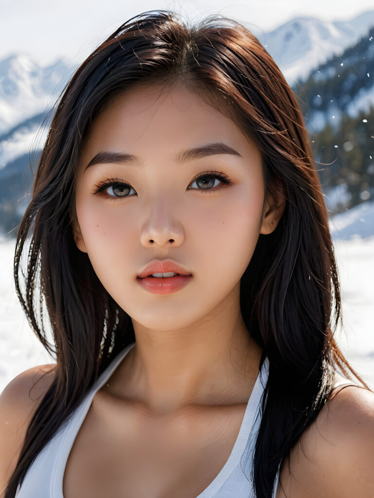 visualize a detailed and realistic photo: a (((stunning young light tanned busty Korean teen girl with flawless, soft skin))) (glossy hair with subtle layering, (((vivid obsidian black soft straight hair)))), whose frame a (seriously sensual face) with (dramatically contrasting, full, (((natural lips)))), round face and a warm smile, the mouth slightly open with white teeth, (light brown eyes), set against a (broodingly atmospheric snow backdrop) for an unforgettable (upper body shot). Her features are captured in (intense detail), accentuated by the (ombré shadow and highlights) that draw the eye, ((she wears a white v-neck tank top that emphasizes her perfectly shaped body)), ((gorgeous)) ((side view))