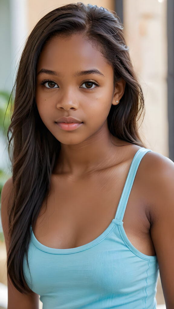 visualize a detailed and realistic photo from a beautiful, young, soft black-skinned teen girl, she is 15 years old and has soft long straight hair. She has a wonderfully shaped body and is only lightly clothed in a tank top. She looks seductively at the viewer and has full lips, ((stunning)) ((gorgeous)) ((side view))