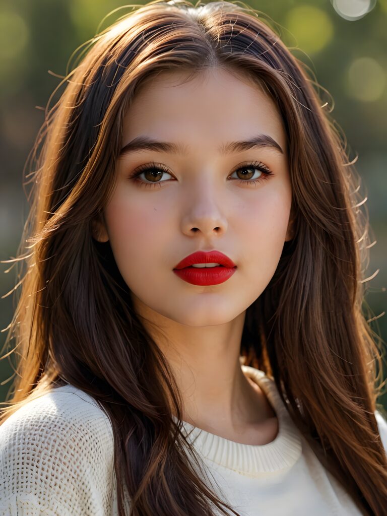 visualize a detailed and realistic photo: a (((stunning young teen girl, 17 years old))) (silky curved layers, (((vivid cupper soft straight hair)))), whose frame a (seriously sensual face) with (dramatically contrasting, full, (((red lips)))), set against a (broodingly atmospheric backdrop) for an unforgettable (upper body shot). Her features are captured in (intense detail), accentuated by the (ombré shadow and highlights) that draw the eye, wears a white wool sweatcher, ((stunning)) ((gorgeous))