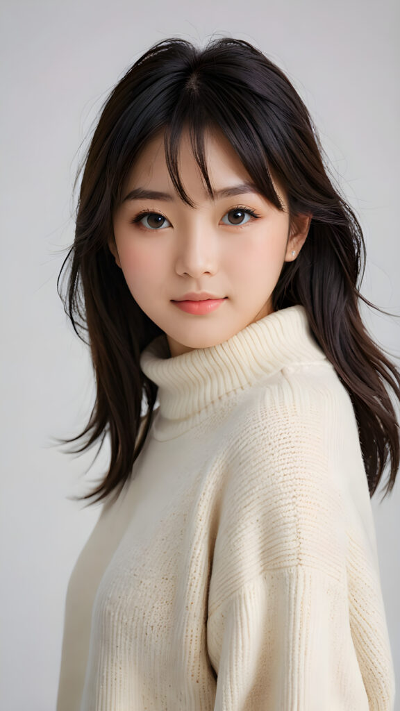 visualize a detailed and realistic photo: a beautiful young (((Japanese teen girl))) with exquisite features and a playful smile, her figure is elegantly curved and her face gazes upwards in a (((sultry expression))), she wears a plain super soft sweater made of fine wool, black soft long straight hair, bangs cut, ((white background))