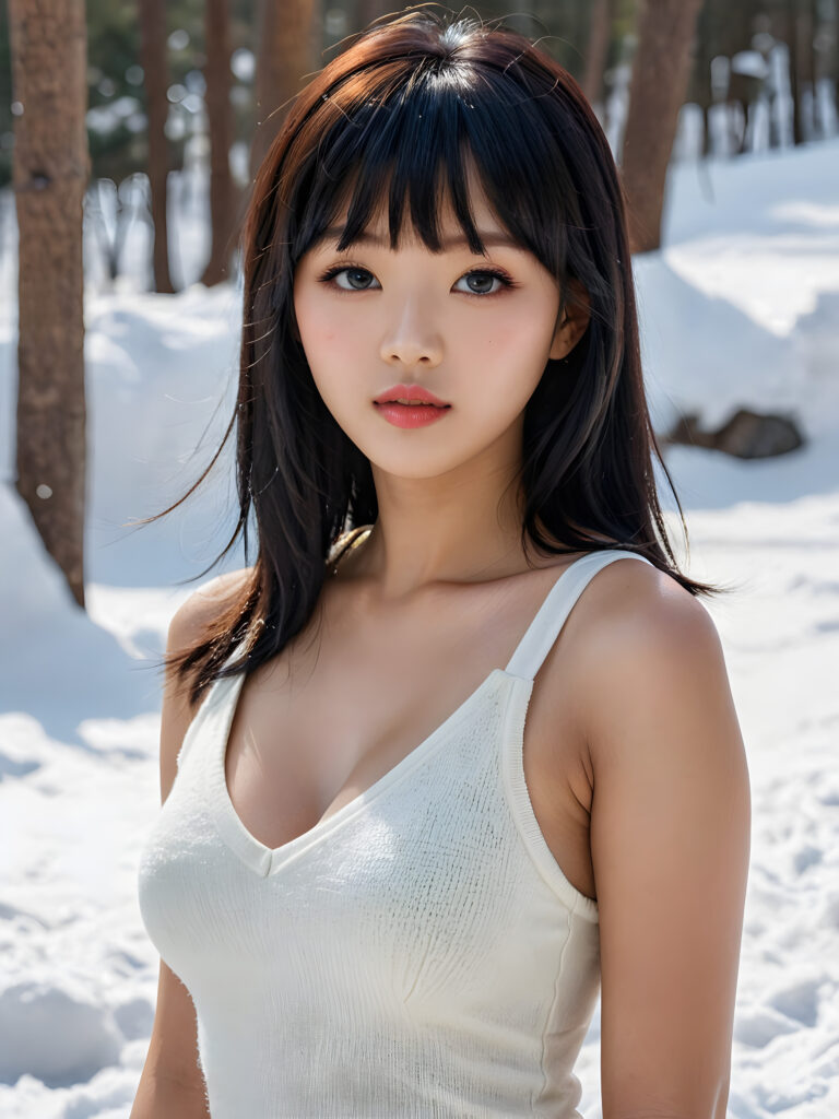 visualize a detailed and realistic photo: a (((stunning, gorgeous young light tanned busty Korean teen girl with flawless, soft skin))) (glossy hair with subtle layering, (((vivid obsidian black soft straight hair in Korean bangs style)))), whose frame a (seriously sensual face) with (dramatically contrasting, full, (((natural lips)))), round face, the mouth slightly open with white teeth, (light brown eyes), set against a (broodingly atmospheric snow backdrop) for an unforgettable, her features are captured in (intense detail), (((she wears a white v-neck tank top that emphasizes her perfectly shaped body made of fine wool)))