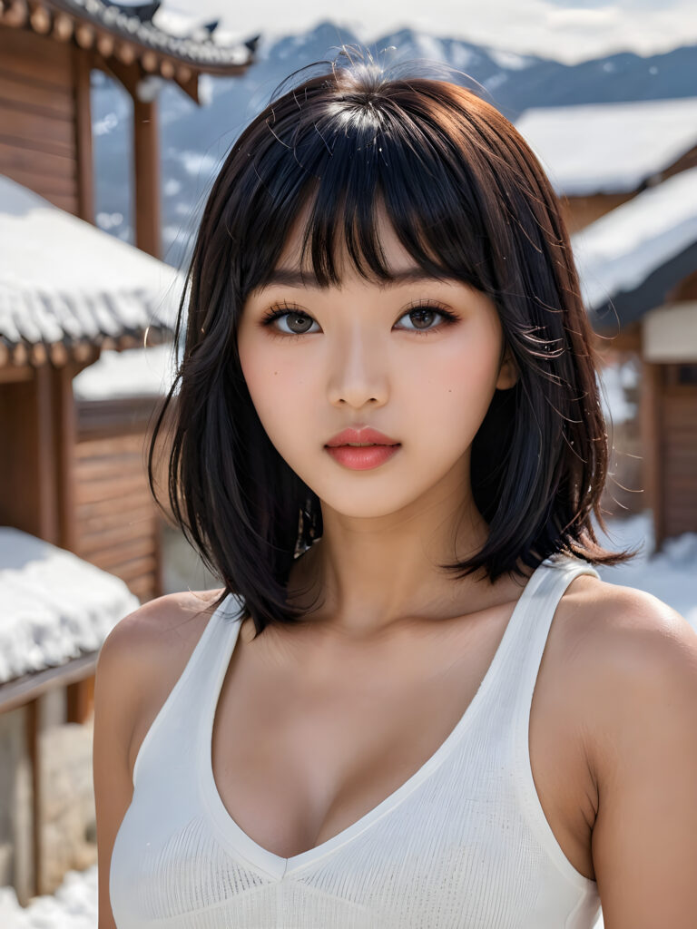 visualize a detailed and realistic photo: a (((stunning, gorgeous young light tanned busty Korean teen girl with flawless, soft skin))) (glossy hair with subtle layering, (((vivid obsidian black soft straight hair in Korean bangs style)))), whose frame a (seriously sensual face) with (dramatically contrasting, full, (((natural lips)))), round face, the mouth slightly open with white teeth, (light brown eyes), set against a (broodingly atmospheric snow backdrop) for an unforgettable, her features are captured in (intense detail), (((she wears a white v-neck tank top that emphasizes her perfectly shaped body made of fine wool)))