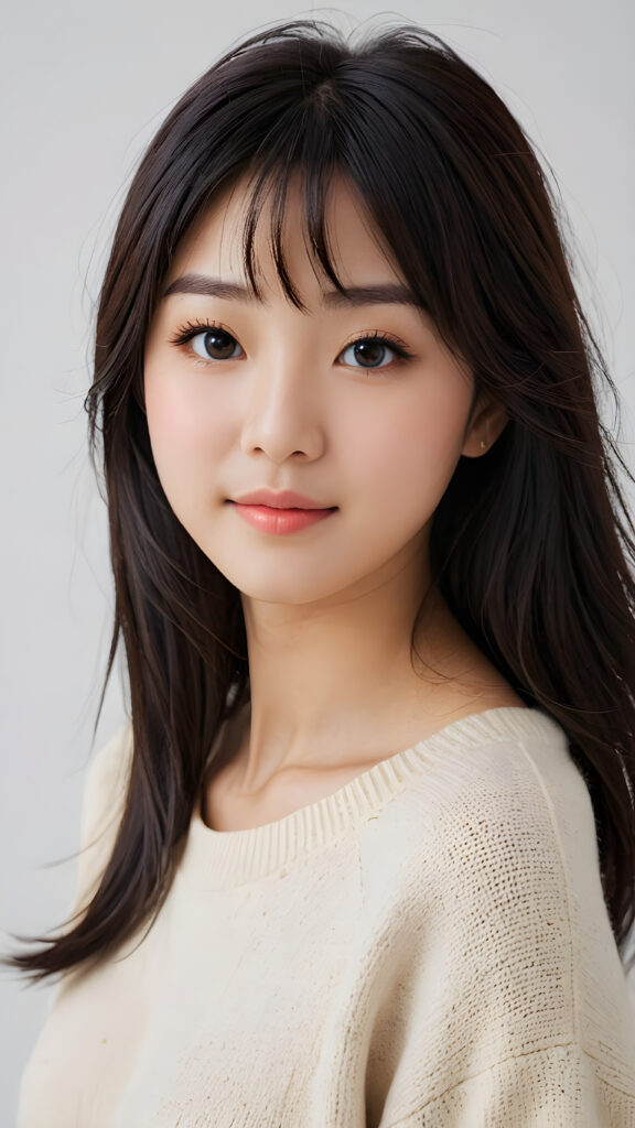 visualize a detailed and realistic photo: a beautiful young (((Japanese teen girl))) with exquisite features and a playful smile, her figure is elegantly curved and her face gazes upwards in a (((sultry expression))), she wears a plain super soft sweater made of fine wool, black soft long straight hair, bangs cut, ((white background))