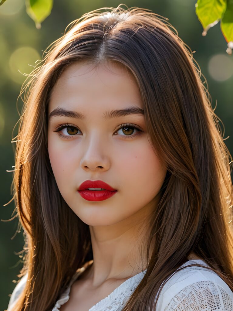 visualize a detailed and realistic photo: a (((stunning young teen girl, 13 years old))) (silky curved layers, (((vivid cupper soft straight hair)))), whose frame a (seriously sensual face) with (dramatically contrasting, full, (((red lips)))), set against a (broodingly atmospheric backdrop) for an unforgettable (upper body shot). Her features are captured in (intense detail), accentuated by the (ombré shadow and highlights) that draw the eye ((natural background))