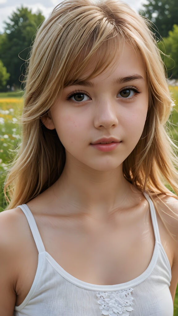 visualize a detailed and realistic photo from: a (((beautiful teenage girl, 15 years old))), she has a wonderfully shaped body and is lightly clothed in a tight tank top that emphasizes her beautiful body, she has soft long blond hair, in bangs cut, full lips, she looks seductively into the camera