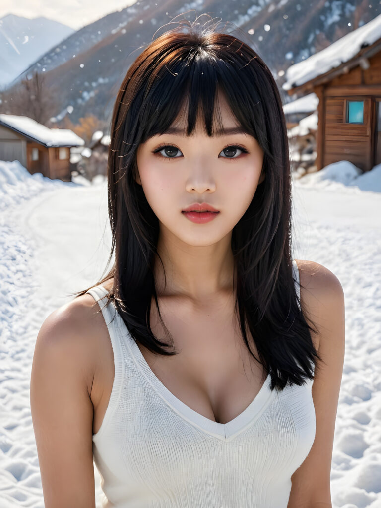 visualize a detailed and realistic photo: a (((stunning, gorgeous young light tanned busty Korean teen girl with flawless, soft skin))) (glossy hair with subtle layering, (((vivid obsidian black soft straight hair in Korean bangs style)))), whose frame a (seriously sensual face) with (dramatically contrasting, full, (((natural lips)))), round face, the mouth slightly open with white teeth, (light brown eyes), set against a (broodingly atmospheric snow backdrop) for an unforgettable, her features are captured in (intense detail), (((she wears a white v-neck tank top that emphasizes her perfectly shaped body made of fine wool)))