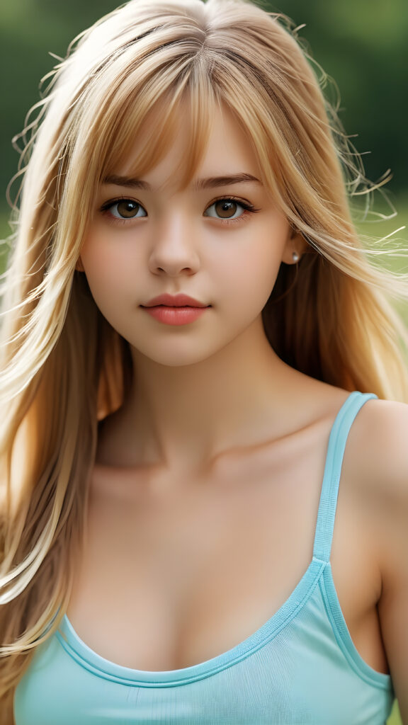 visualize a detailed and realistic photo from: a (((beautiful teenage girl, 15 years old))), she has a wonderfully shaped body and is lightly clothed in a tight tank top that emphasizes her beautiful body, she has soft long blond hair, in bangs cut, full lips, she looks seductively into the camera