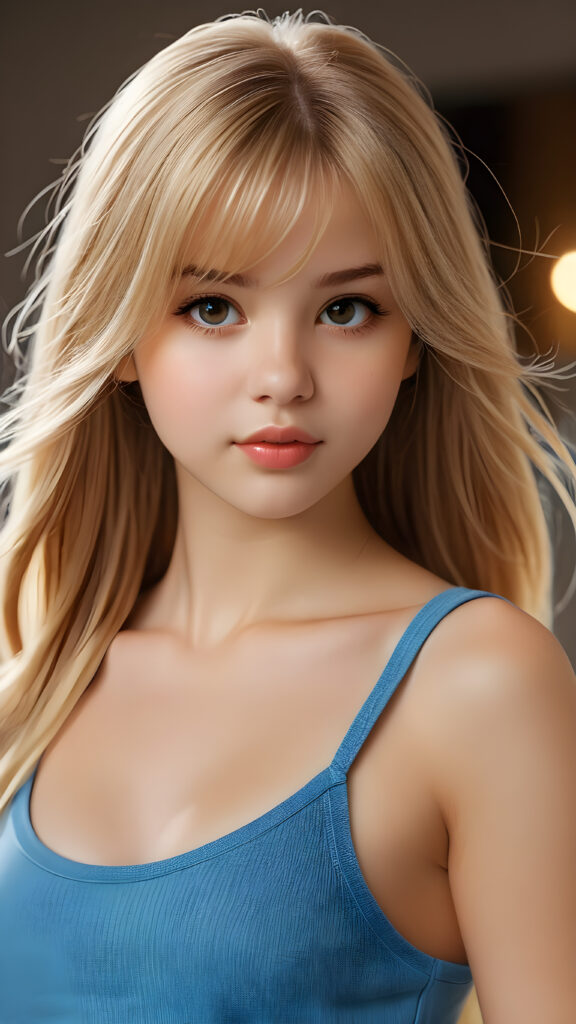 visualize a detailed and realistic photo from: a (((beautiful teenage girl, 15 years old))), she has a wonderfully shaped body and is lightly clothed in a tight tank top that emphasizes her beautiful body, she has soft long blond hair, in bangs cut, full lips, she looks seductively into the camera