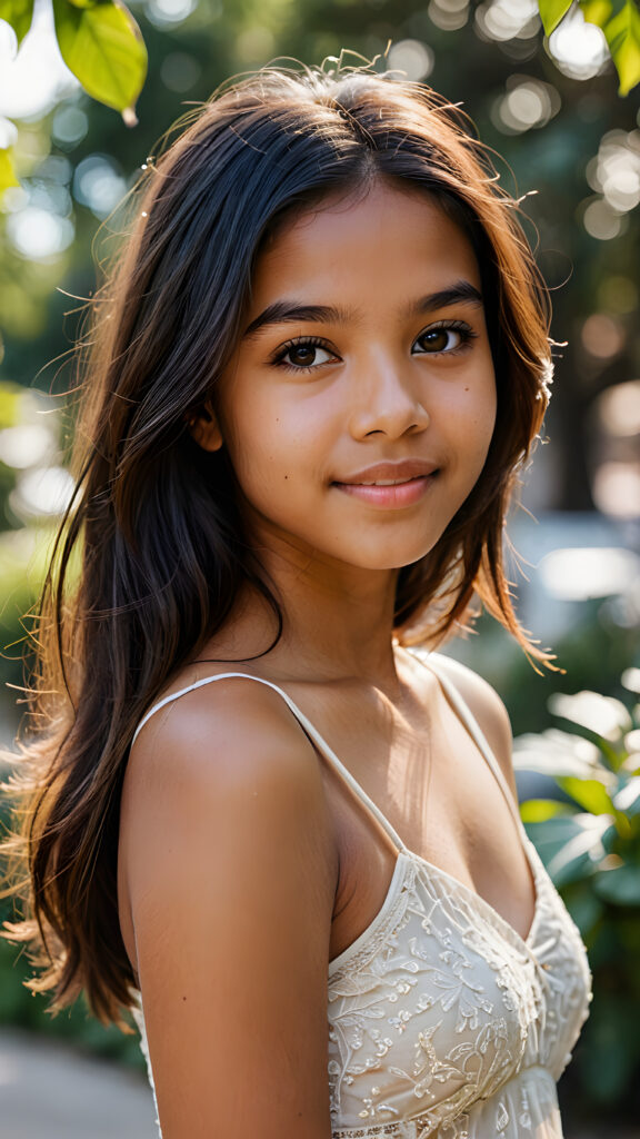 visualize a (((softly brown-skinned beautiful young teen girl))), with delicate features and a (((radiant aura))), suggesting purity and cuteness, her youthful exuberance apparent in her unmistakably adorable countenance, flawlessly fair skin, long straight and soft black hair, she wears a short crop top