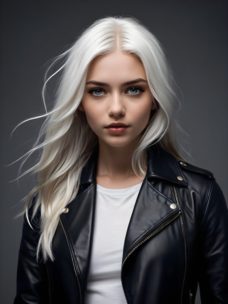 visualize a (((teen girl with flowing, white long soft hair and a perfectly curved figure))), dressed in a (((tight, black leather jacket))), combining mashup styles like (softly tinted gray and light bronze), with a soft focus technique that gives an (edgy yet soft look), pairing with (dark, crisp white and ink blue) for soft edges, creating an eye-catching overall aesthetic against a (subtle, grey backdrop)