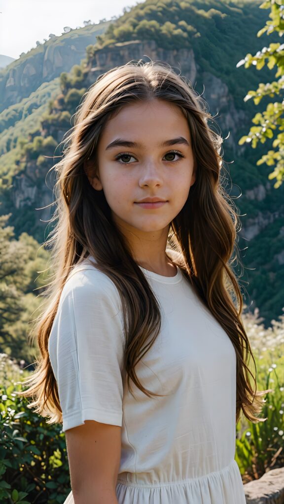 visualize a (((vividly beautiful scene))) where a (((teen girl with striking contrasting features))) with deep, dark skin and long, flowing tresses stands out against a backdrop of a serene, (ethereal landscape)