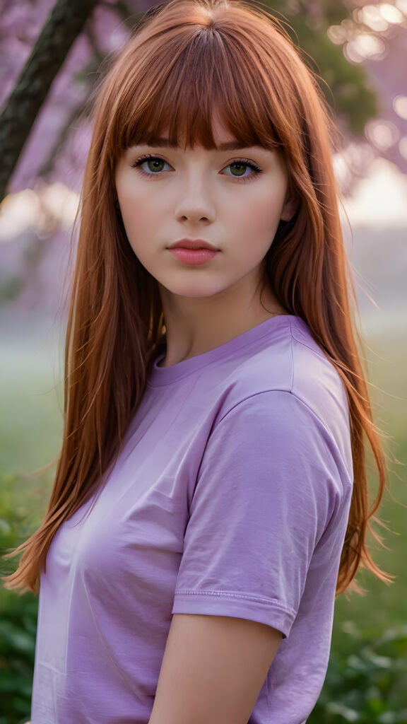 visualize a (((really detailed young teenage girl with long, soft straight red hair framing her face in classic bangs, her lips looking seductively, ((dressed in a plain violet t-shirt)) that accentuates every curve of her stunningly beautiful form, against a backdrop that suggests an ethereal mist