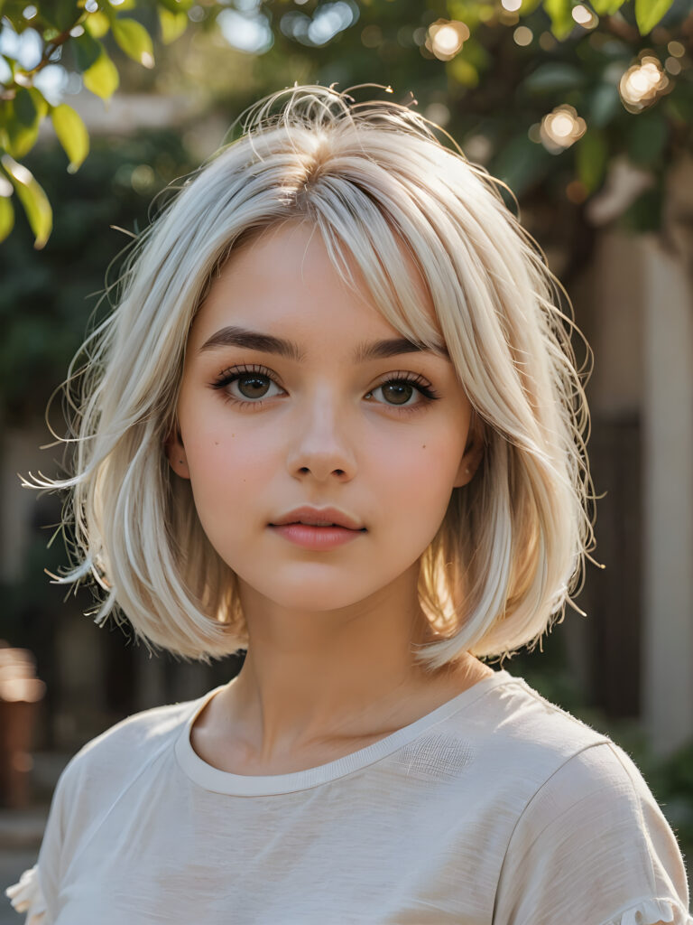 visualize a (((beautiful drawning))), capturing a (teen girl with long, flowing white hair, styled in a (short bob cut), her face framed by a short, bang-like fringe), and short, detailed facial features, facing forward with a serene expression, wearing a short, crop t-shirt against a (detailed, realistic backdrop)