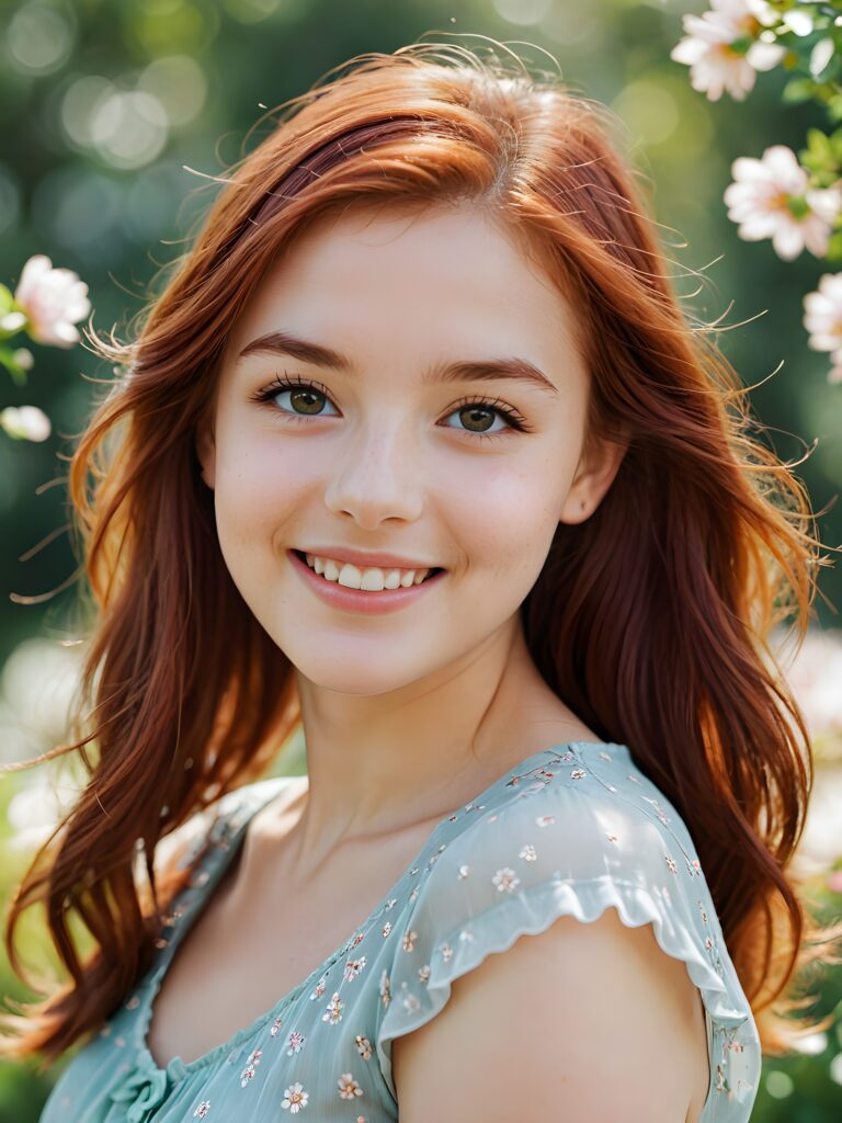 visualize a (((softly beautiful girlie))), with delicate features and a (((radiant aura))), suggesting purity and cuteness, her youthful exuberance apparent in her unmistakably adorable countenance, flawlessly fair skin, and a playfully turned-up smile, long straight and soft red hair