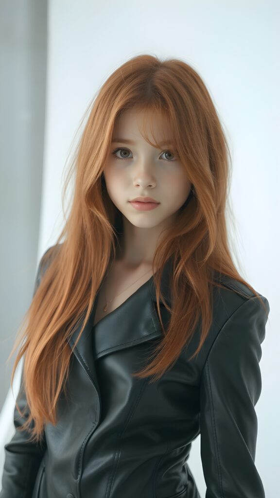 visualize a (((realistically detailed young teenage girl with long, soft straight red hair, framing her face with flowing, dark thin leather suit that expertly accentuates her stunningly gorgeous figure)), posed against a (translucent, ethereal white backdrop)