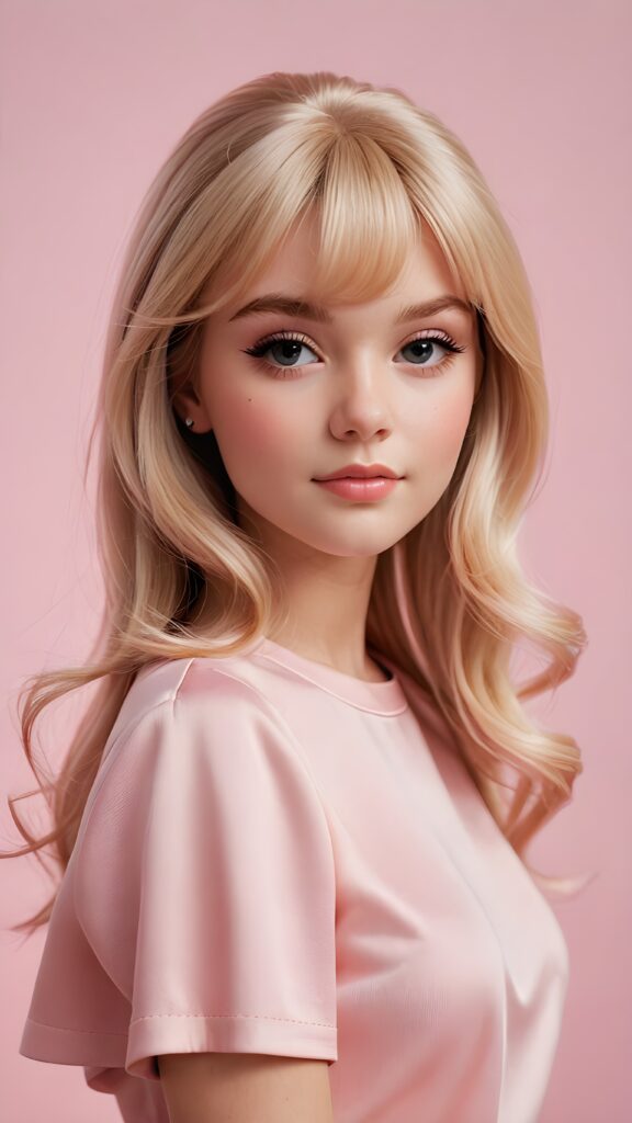 visualize a (((realistic teen girl))) with striking, straight blonde hair framing a face that mirrors Barbie's features, her bangs styled in a perfect side part, exuding confidence with a curvy silhouette and posed confidently against a (((soft, pale pink backdrop))), dressed in a (((modern, minimalist style)))