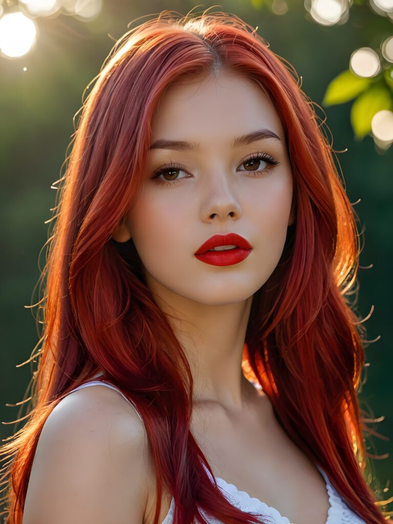 visualize a full body portrait (((stunning young teen girl))) (silky curved layers, (((vivid red soft straight hair)))), whose frame a (seriously sensual face) with (dramatically contrasting, full, (((red lips)))), set against a (broodingly atmospheric backdrop) for an unforgettable (upper body shot). Her features are captured in (intense detail), accentuated by the (ombré shadow and highlights) that draw the eye