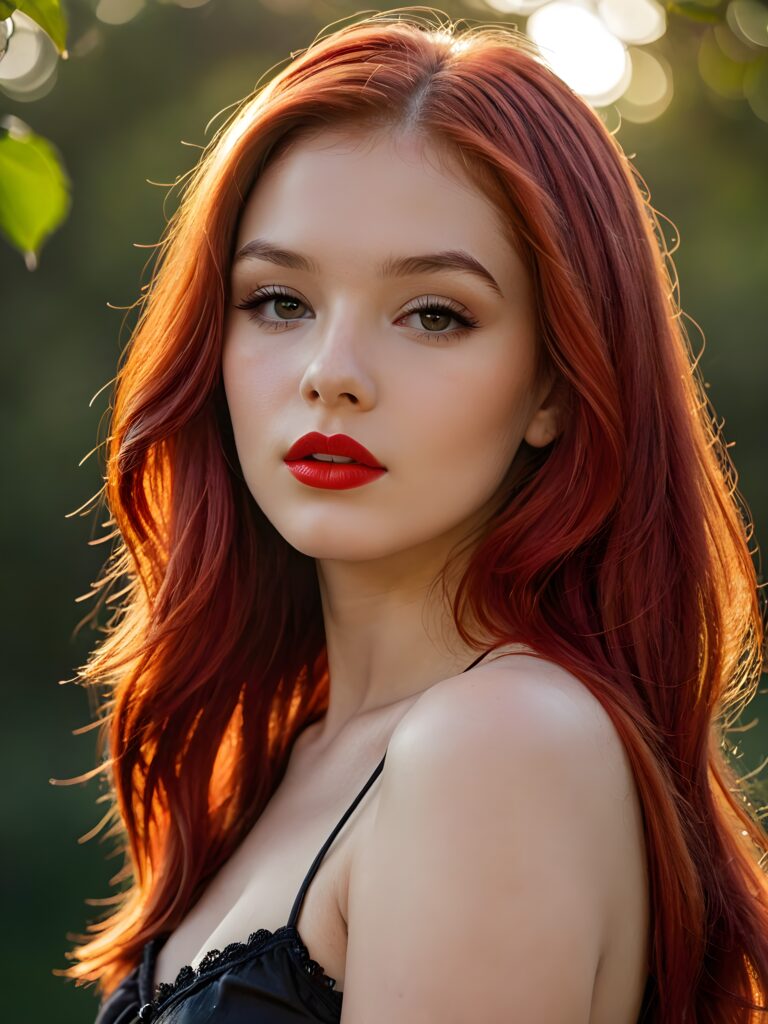 visualize a full body portrait (((stunning young teen girl))) (silky curved layers, (((vivid red soft straight hair)))), whose frame a (seriously sensual face) with (dramatically contrasting, full, (((red lips)))), set against a (broodingly atmospheric backdrop) for an unforgettable (upper body shot). Her features are captured in (intense detail), accentuated by the (ombré shadow and highlights) that draw the eye