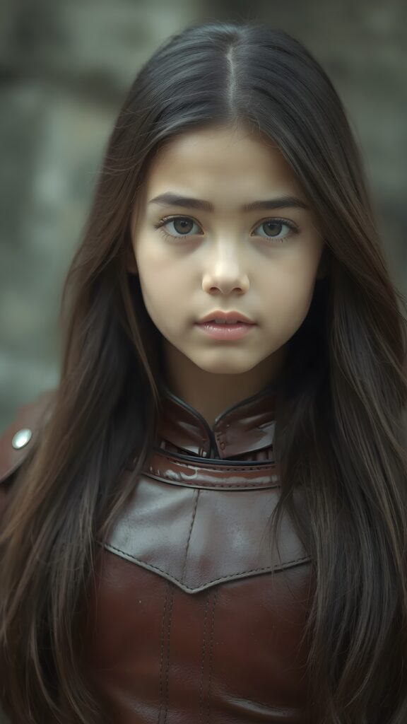 visualize a portrait: (((young girl with long, soft straight dark hair))), clad in flowing ((thin leather armor that reflect her (stunningly gorgeous figure)))