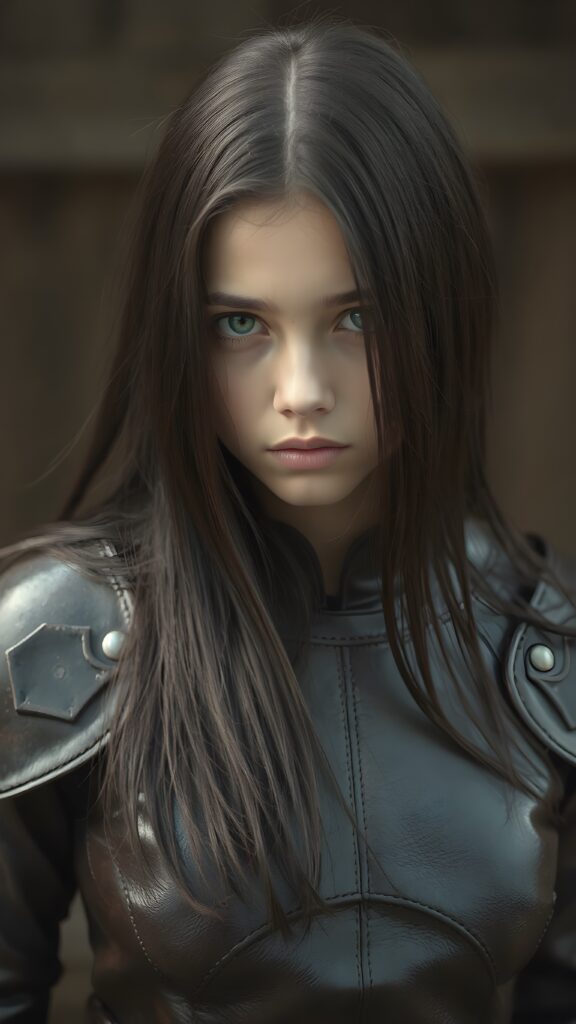 visualize a portrait: (((young girl with long, soft straight dark hair))), clad in flowing ((thin leather armor that reflect her (stunningly gorgeous figure)))