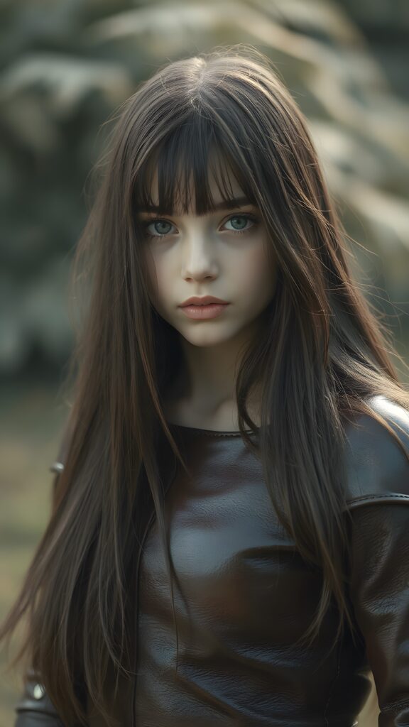 visualize a portrait: (((young girl with long, soft straight dark hair))), clad in flowing ((thin leather armor that reflect her (stunningly gorgeous figure)))