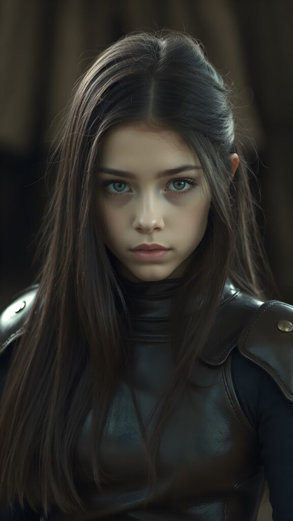 visualize a portrait: (((young girl with long, soft straight dark hair))), clad in flowing ((thin leather armor that reflect her (stunningly gorgeous figure)))