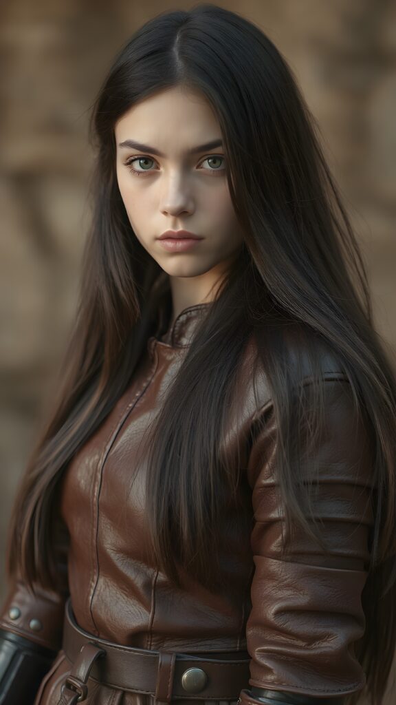 visualize a portrait: (((young girl with long, soft straight dark hair))), clad in flowing ((thin leather armor that reflect her (stunningly gorgeous figure)))