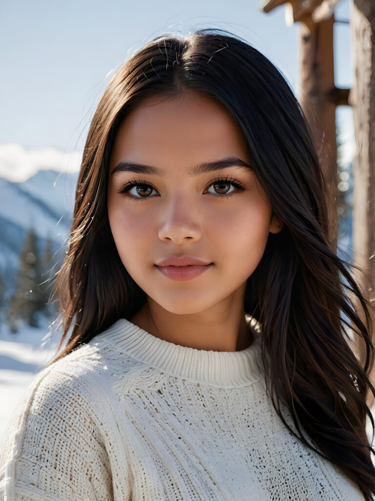 visualize a stunningly realistic photo: a young Indigenous teenage girl with flawlessly soft, glossy hair with subtle layering and vivid obsidian black straight hair framing her face. Her expression is seriously sensual with dramatically contrasting, full natural lips and a warm smile, with light brown eyes set against a broodingly atmospheric snow backdrop. Her features are captured in intense detail, with ombré shadow and highlights drawing the eye, she wears a white, finely knitted wool sweater that emphasizes her perfectly shaped body from a side view, capturing an unforgettably elegant upper body shot