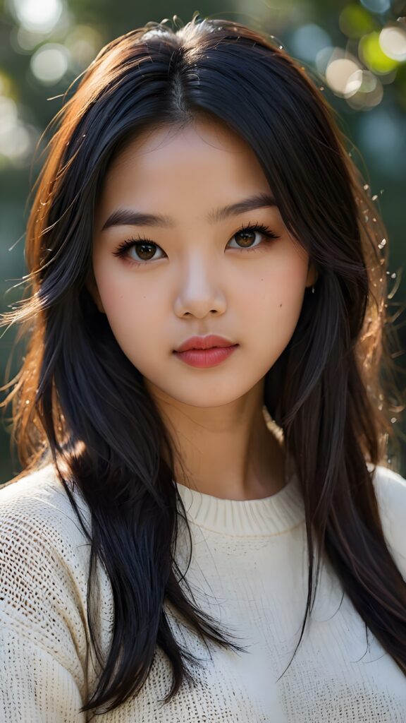 visualize a stunning young Asian teen girl, 17 years old, with silky curved layers of vivid black soft straight hair framing her face. Her seriously sensual face is dramatically contrasted by full, dramatically lipsticked lips set against a broodingly atmospheric backdrop. Her features are captured in intense detail, with ombré shadow and highlights drawing the eye, wearing a sleek white thin wool sweater that complements her perfectly curved body