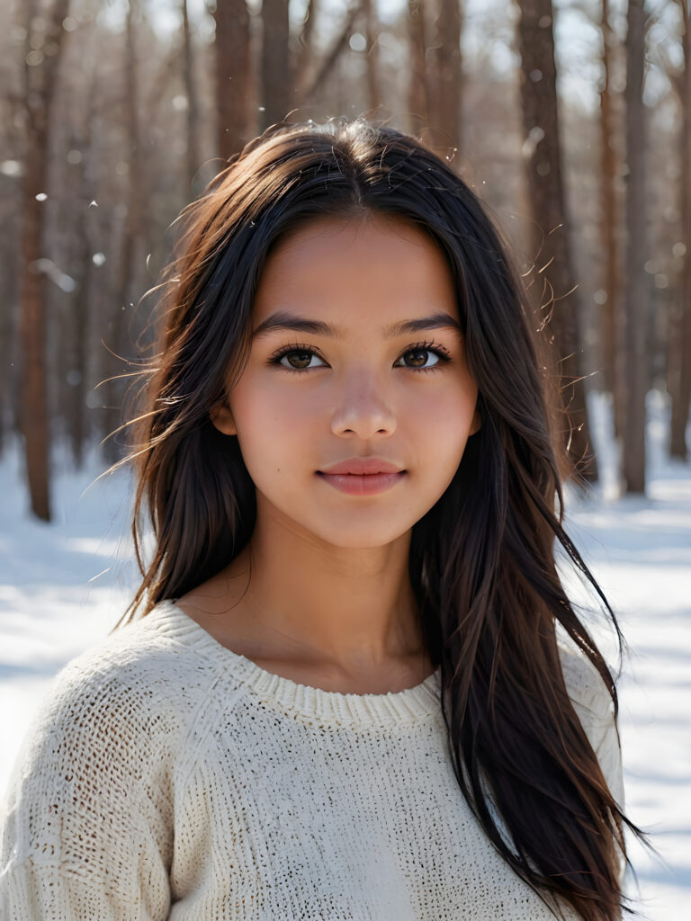 visualize a stunningly realistic photo: a young Indigenous teenage girl with flawlessly soft, glossy hair with subtle layering and vivid obsidian black straight hair framing her face. Her expression is seriously sensual with dramatically contrasting, full natural lips and a warm smile, with light brown eyes set against a broodingly atmospheric snow backdrop. Her features are captured in intense detail, with ombré shadow and highlights drawing the eye, she wears a white, finely knitted wool sweater that emphasizes her perfectly shaped body from a side view, capturing an unforgettably elegant upper body shot