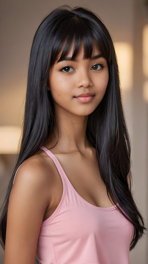 visualize an (((ultra high definition (straight soft and long black hair, bangs))) of a (((brown-skinned Exotic teen girl, 15 years old))) with a meticulously drawn (((face))) and a wonderfully precise (((curvature))) that exudes cuteness, dressed in a sleek, (((thin short crop pink tank top)). The image is captured with remarkable clarity and detail, evoking a sense of (((high resolution beauty))), as if painted by a skilled artist, drawing the viewer in to appreciate its striking splendor ((side portrait))