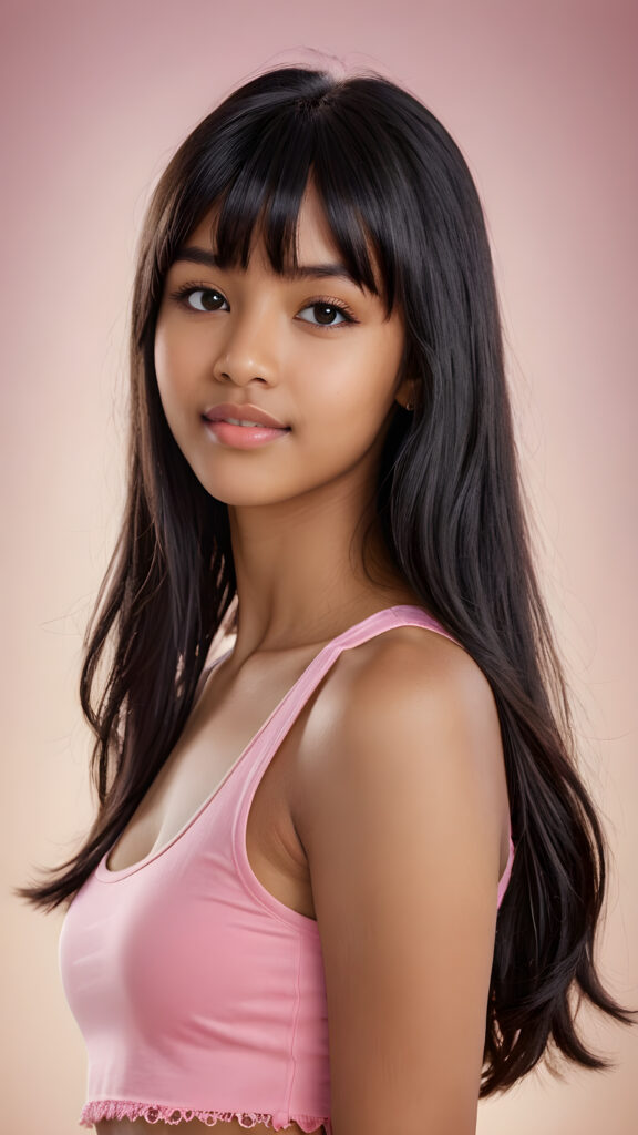 visualize an (((ultra high definition (straight soft and long black hair, bangs))) of a (((brown-skinned Exotic teen girl, 15 years old))) with a meticulously drawn (((face))) and a wonderfully precise (((curvature))) that exudes cuteness, dressed in a sleek, (((thin short crop pink tank top)). The image is captured with remarkable clarity and detail, evoking a sense of (((high resolution beauty))), as if painted by a skilled artist, drawing the viewer in to appreciate its striking splendor ((side portrait))