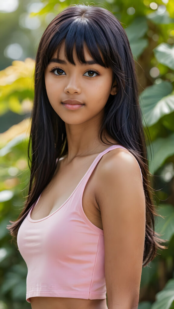 visualize an (((ultra high definition (straight soft and long black hair, bangs))) of a (((brown-skinned Exotic teen girl, 15 years old))) with a meticulously drawn (((face))) and a wonderfully precise (((curvature))) that exudes cuteness, dressed in a sleek, (((thin short crop pink tank top)). The image is captured with remarkable clarity and detail, evoking a sense of (((high resolution beauty))), as if painted by a skilled artist, drawing the viewer in to appreciate its striking splendor ((side portrait))